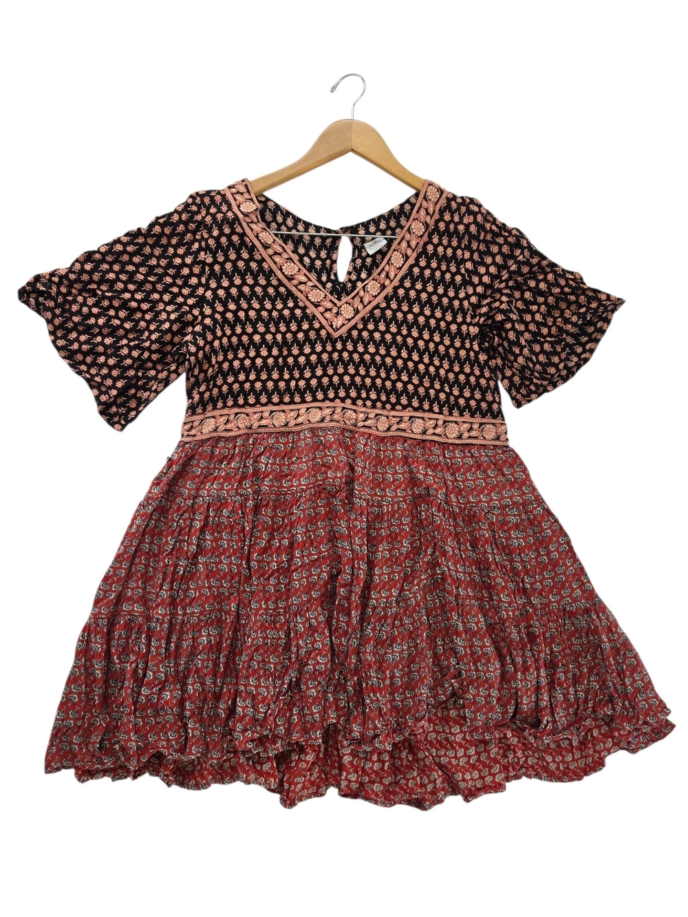 Patrons of Peace Black & Rust Boho Tiered Mini Dress